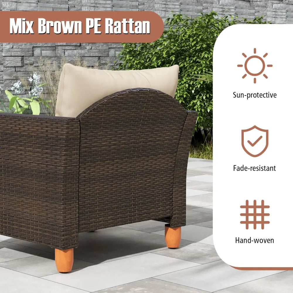 3 Pieces Patio PE Wicker Furniture Set with Cushions and Acacia Wood Storage Coffee Table-Beige - Beige - Patio