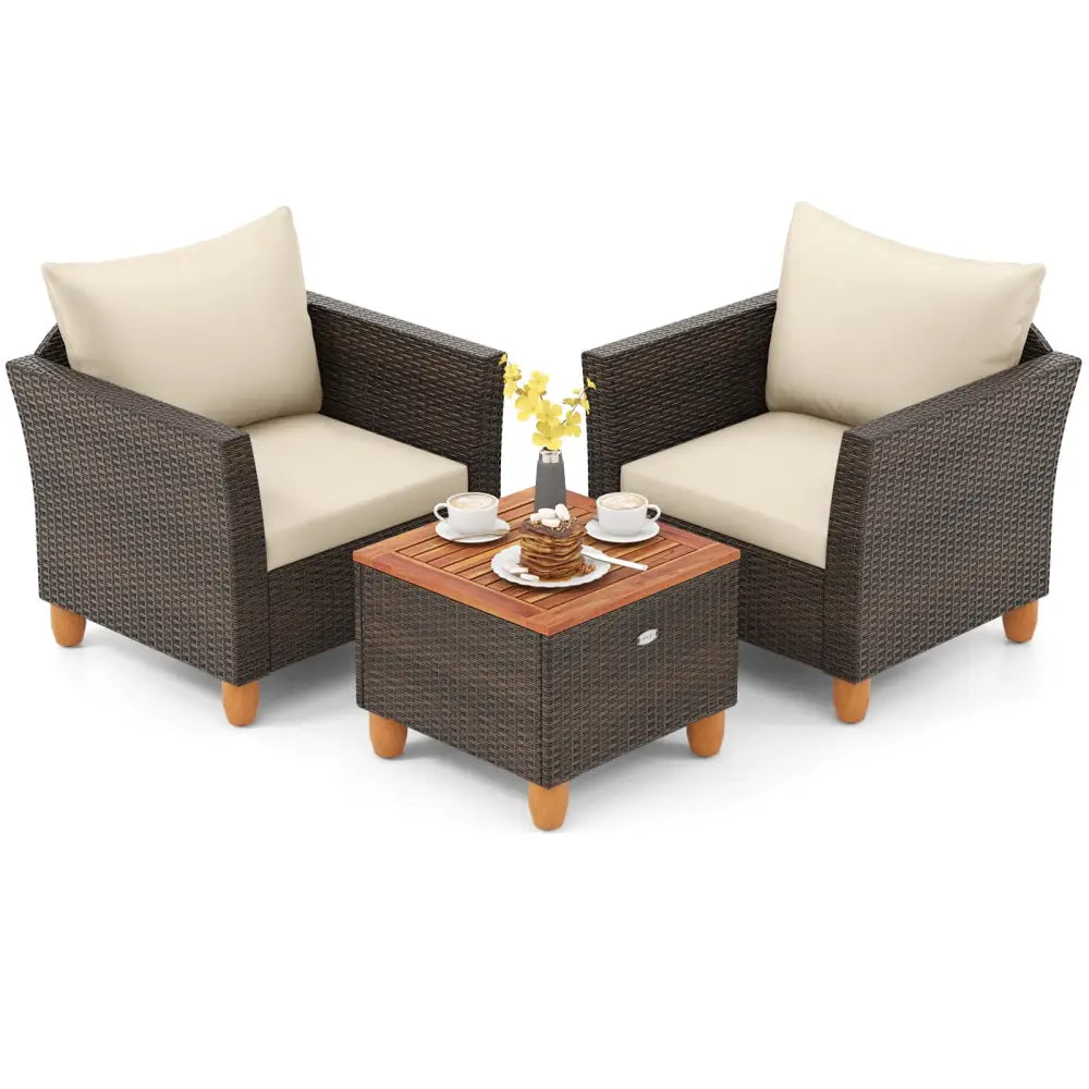 3 Pieces Patio PE Wicker Furniture Set with Cushions and Acacia Wood Storage Coffee Table-Beige - Beige - Patio