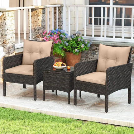 3 Pieces Patio PE Wicker Furniture Set with Cushions for Porch and Balcony-Beige - Beige - Patio Conversation Sets