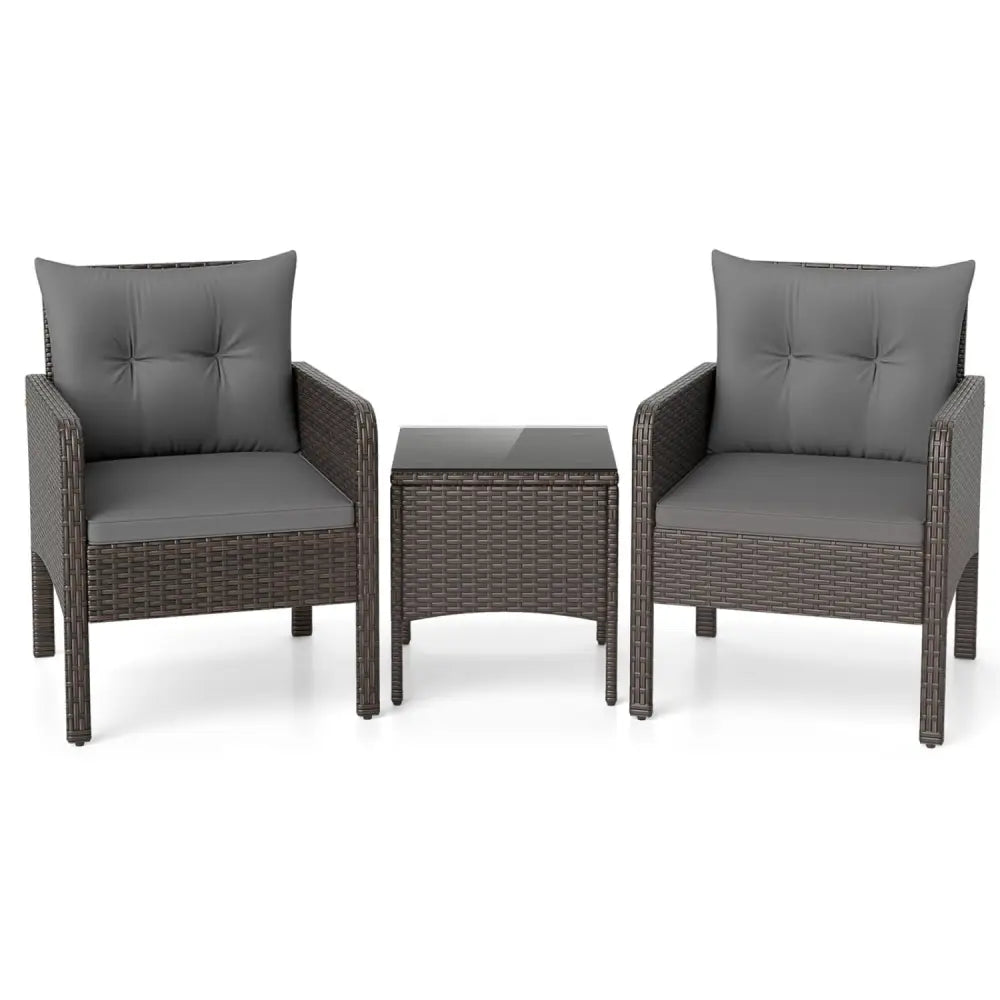 3 Pieces Patio PE Wicker Furniture Set with Cushions for Porch and Balcony-Gray - Gray - Patio Conversation Sets