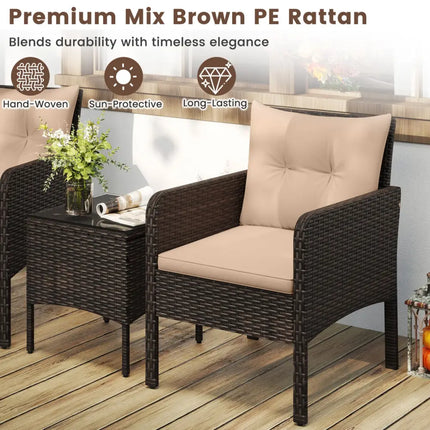 3 Pieces Patio PE Wicker Furniture Set with Cushions for Porch and Balcony-Beige - Beige - Patio Conversation Sets