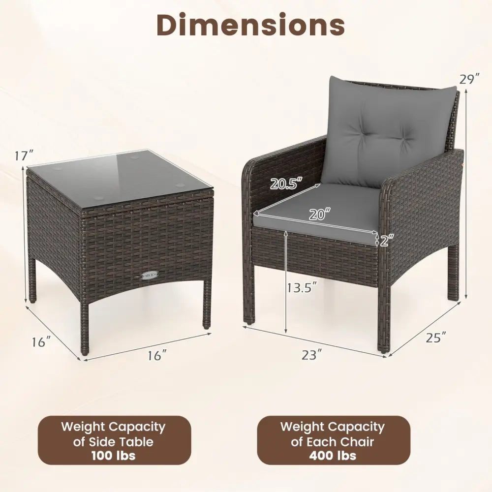 3 Pieces Patio PE Wicker Furniture Set with Cushions for Porch and Balcony-Gray - Gray - Patio Conversation Sets