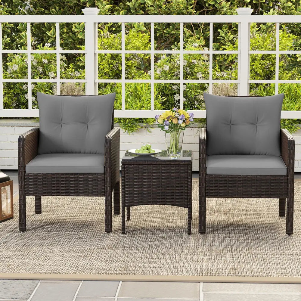 3 Pieces Patio PE Wicker Furniture Set with Cushions for Porch and Balcony-Gray - Gray - Patio Conversation Sets