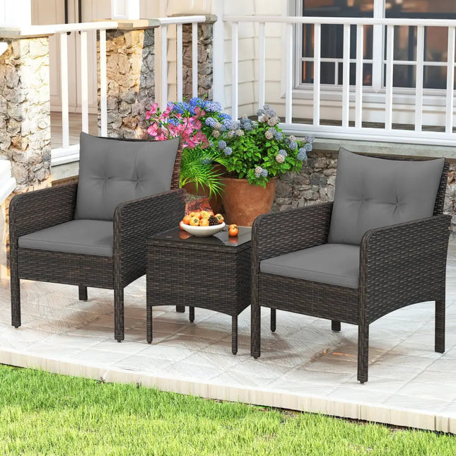 3 Pieces Patio PE Wicker Furniture Set with Cushions for Porch and Balcony-Gray - Gray - Patio Conversation Sets