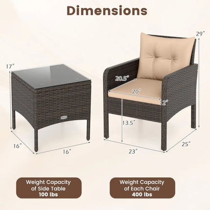 3 Pieces Patio PE Wicker Furniture Set with Cushions for Porch and Balcony-Beige - Beige - Patio Conversation Sets