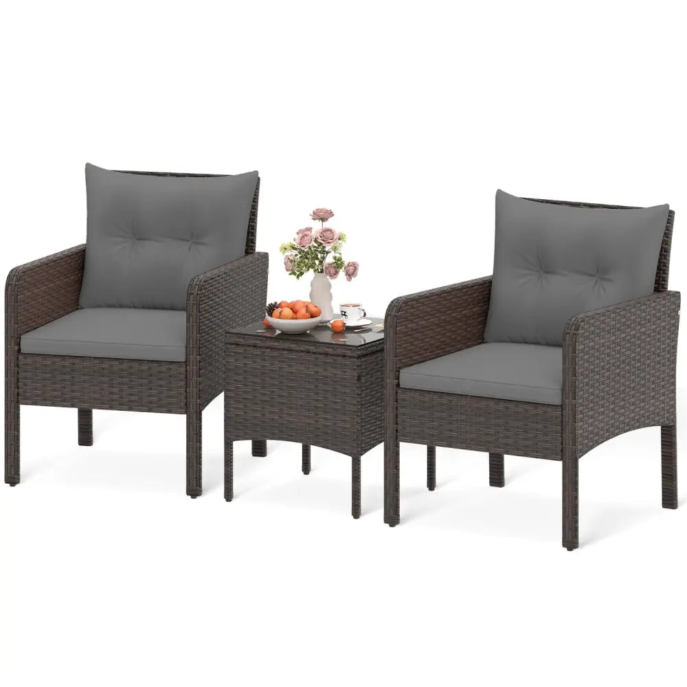 3 Pieces Patio PE Wicker Furniture Set with Cushions for Porch and Balcony-Gray - Gray - Patio Conversation Sets