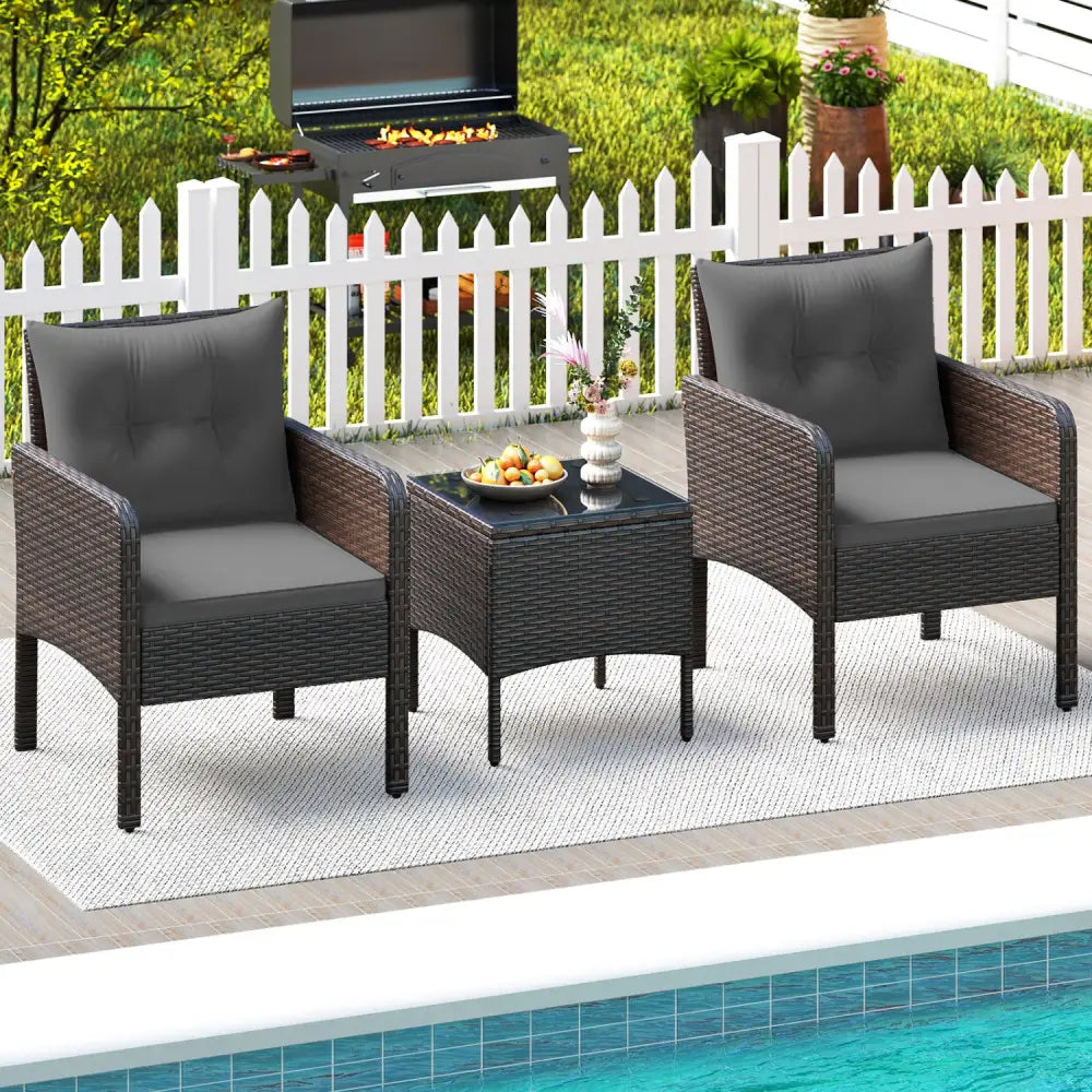 3 Pieces Patio PE Wicker Furniture Set with Cushions for Porch and Balcony-Gray - Gray - Patio Conversation Sets