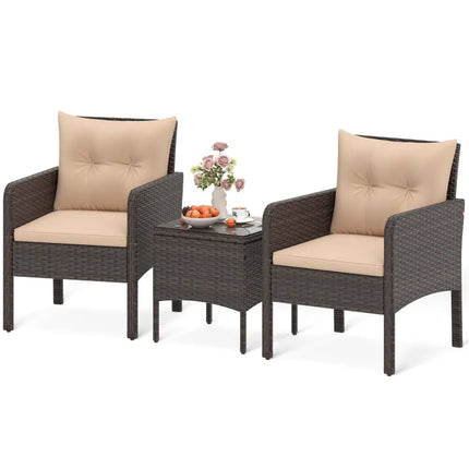 3 Pieces Patio PE Wicker Furniture Set with Cushions for Porch and Balcony-Beige - Beige - Patio Conversation Sets
