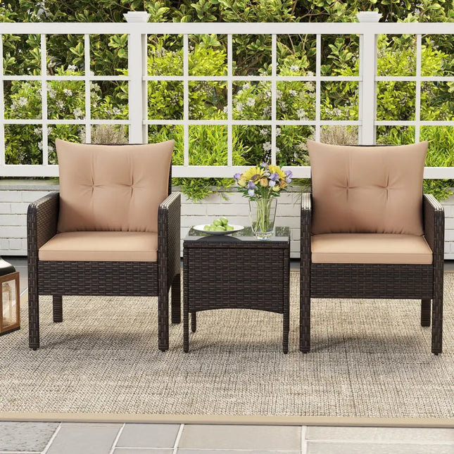 3 Pieces Patio PE Wicker Furniture Set with Cushions for Porch and Balcony-Beige - Beige - Patio Conversation Sets