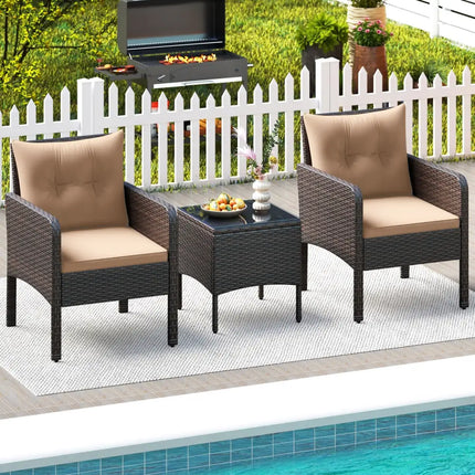 3 Pieces Patio PE Wicker Furniture Set with Cushions for Porch and Balcony-Beige - Beige - Patio Conversation Sets