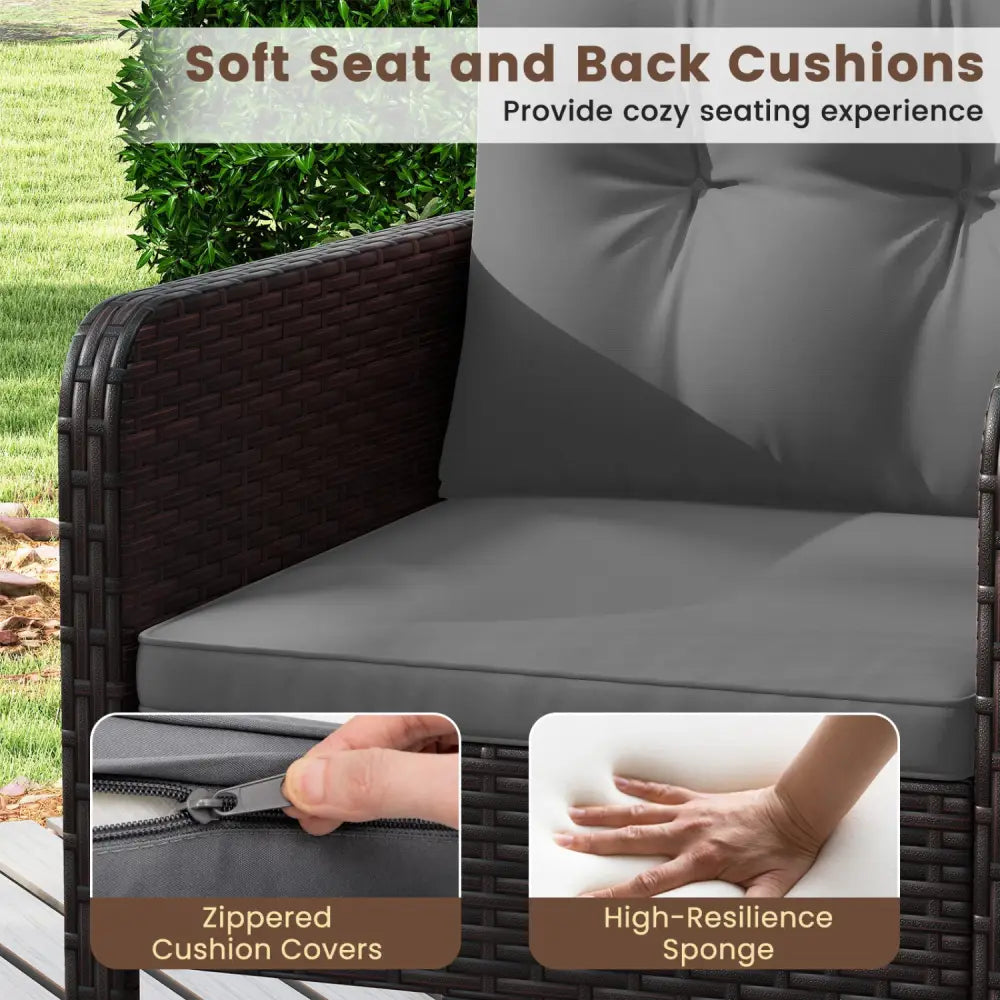 3 Pieces Patio PE Wicker Furniture Set with Cushions for Porch and Balcony-Gray - Gray - Patio Conversation Sets