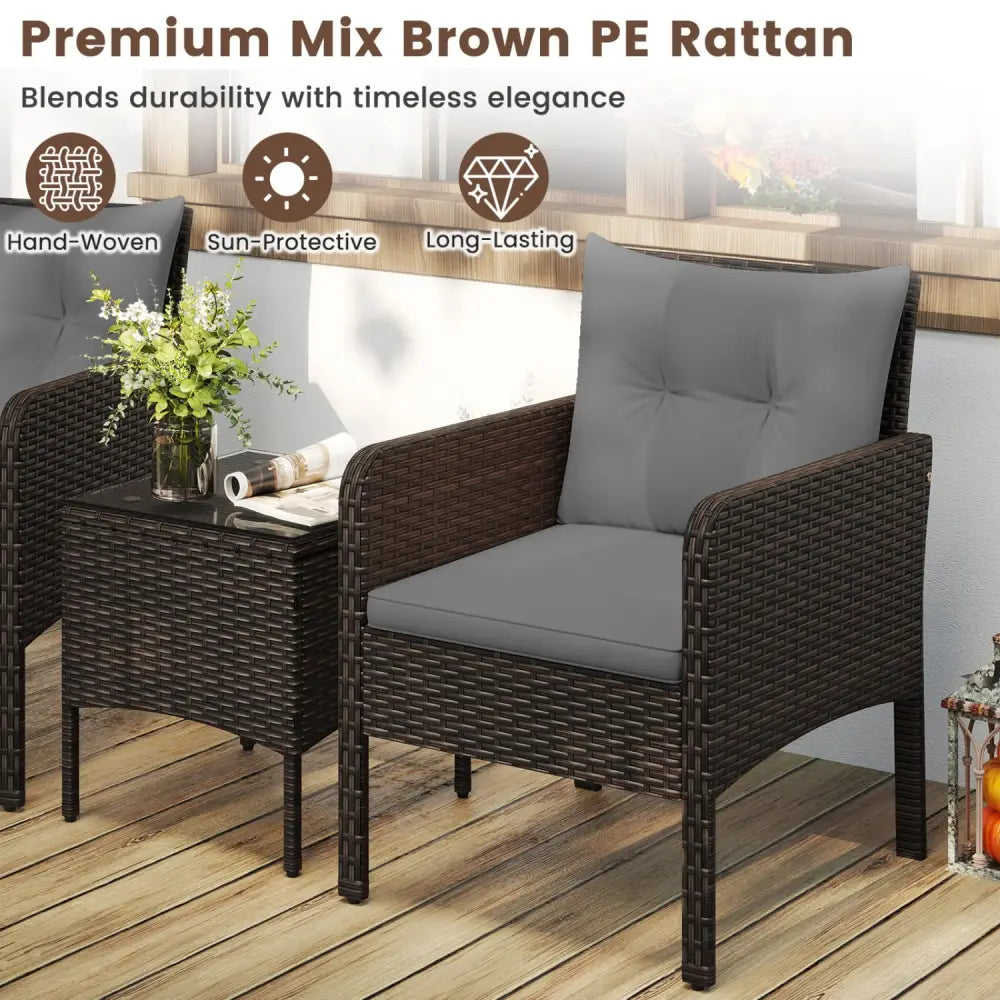 3 Pieces Patio PE Wicker Furniture Set with Cushions for Porch and Balcony-Gray - Gray - Patio Conversation Sets