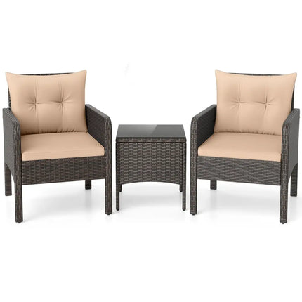 3 Pieces Patio PE Wicker Furniture Set with Cushions for Porch and Balcony-Beige - Beige - Patio Conversation Sets