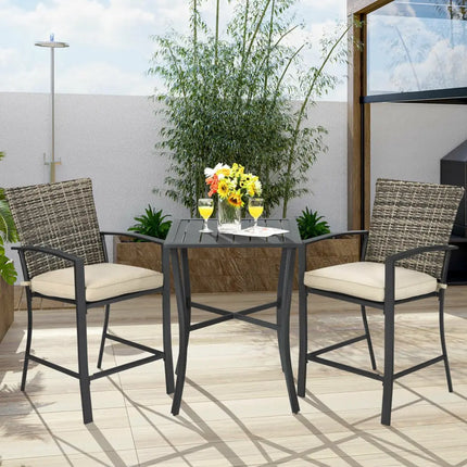 3 Pieces Patio Rattan Bar Furniture Set with Slat Table and 2 Cushioned Stools-Gray - Gray - Patio Bar Furniture
