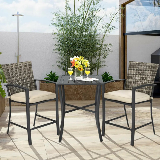 3 Pieces Patio Rattan Bar Furniture Set with Slat Table and 2 Cushioned Stools-Gray - Gray - Patio Bar Furniture