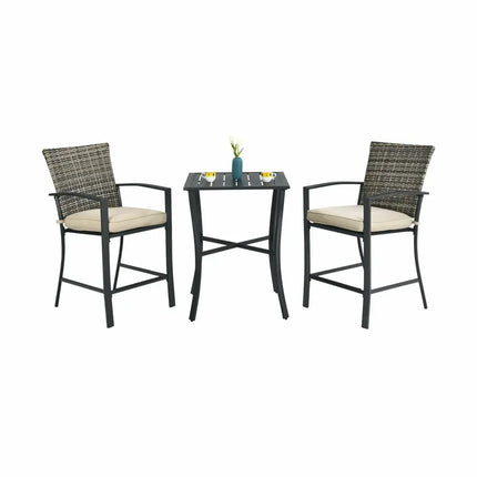 3 Pieces Patio Rattan Bar Furniture Set with Slat Table and 2 Cushioned Stools-Gray - Gray - Patio Bar Furniture