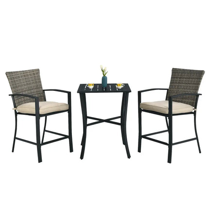 3 Pieces Patio Rattan Bar Furniture Set with Slat Table and 2 Cushioned Stools-Gray - Gray - Patio Bar Furniture