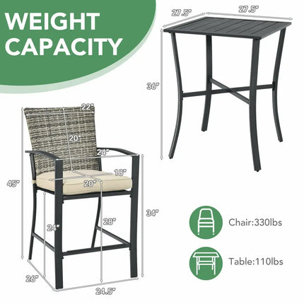 3 Pieces Patio Rattan Bar Furniture Set with Slat Table and 2 Cushioned Stools-Gray - Gray - Patio Bar Furniture