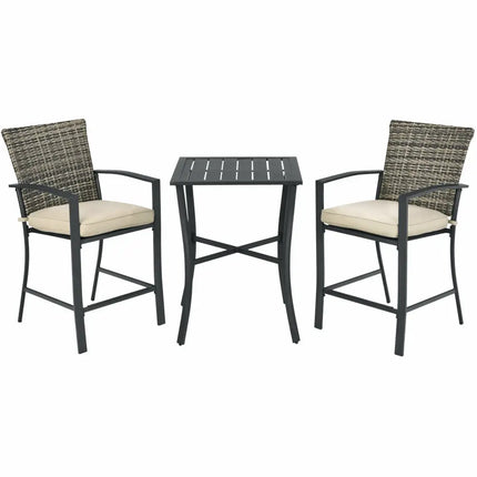 3 Pieces Patio Rattan Bar Furniture Set with Slat Table and 2 Cushioned Stools-Gray - Gray - Patio Bar Furniture