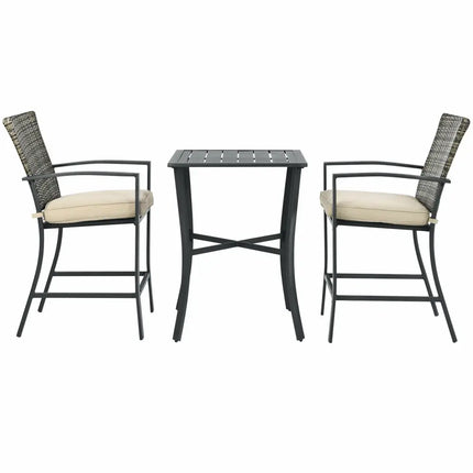 3 Pieces Patio Rattan Bar Furniture Set with Slat Table and 2 Cushioned Stools-Gray - Gray - Patio Bar Furniture