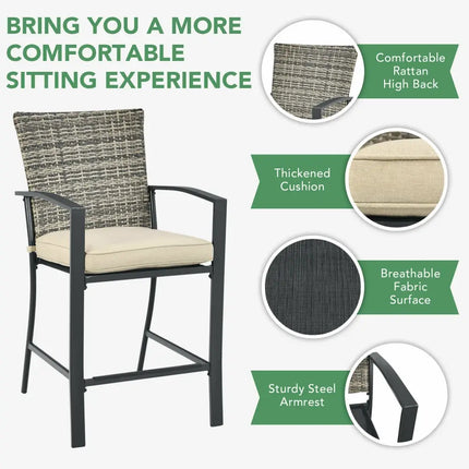 3 Pieces Patio Rattan Bar Furniture Set with Slat Table and 2 Cushioned Stools-Gray - Gray - Patio Bar Furniture