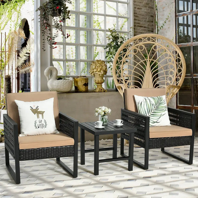 3 Pieces Patio Rattan Bistro Cushioned Furniture Set - Brown - Patio Conversation Sets