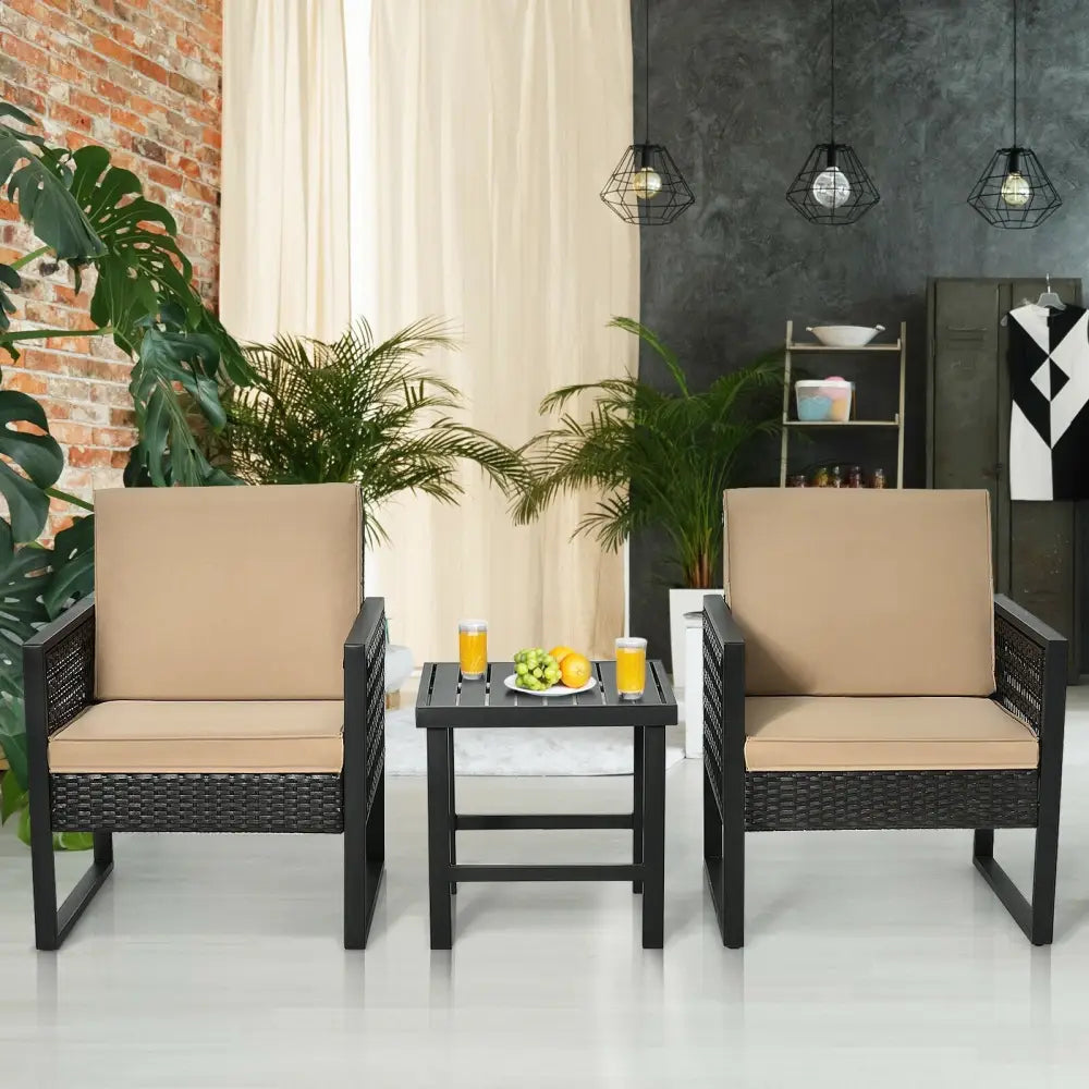 3 Pieces Patio Rattan Bistro Cushioned Furniture Set - Brown - Patio Conversation Sets