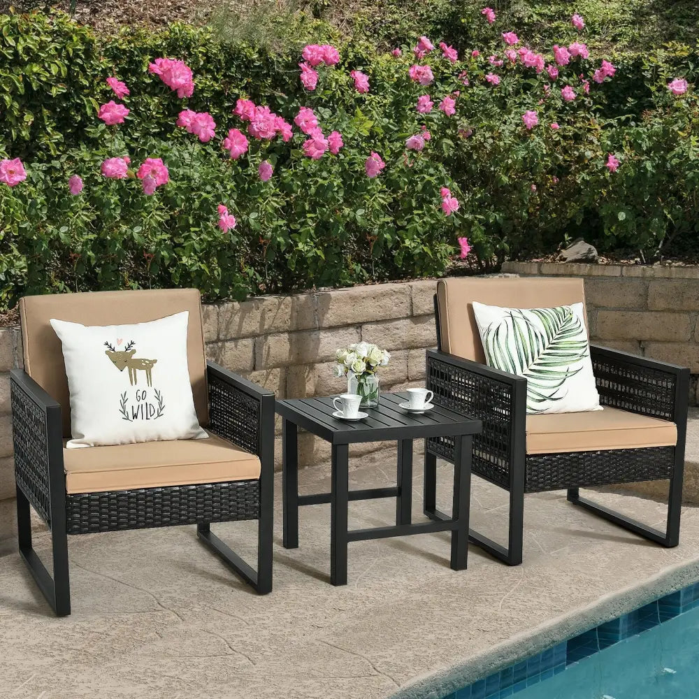 3 Pieces Patio Rattan Bistro Cushioned Furniture Set - Brown - Patio Conversation Sets