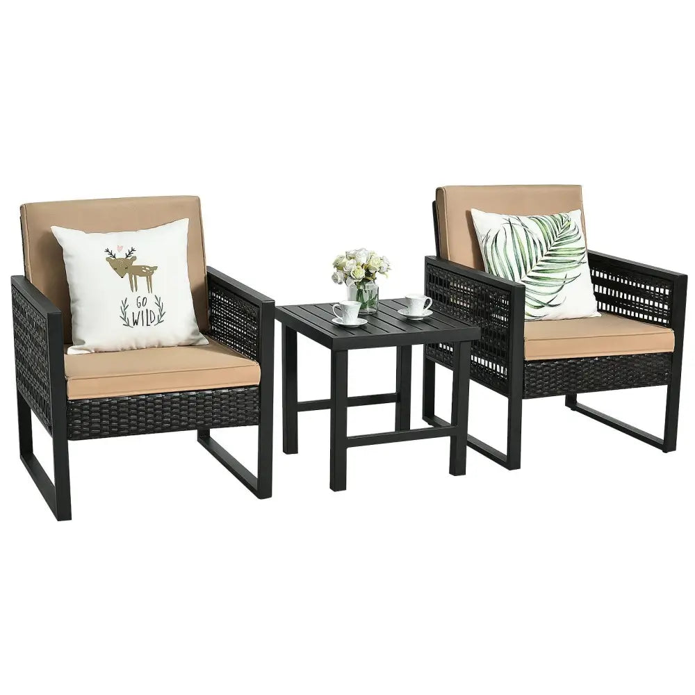 3 Pieces Patio Rattan Bistro Cushioned Furniture Set - Brown - Patio Conversation Sets