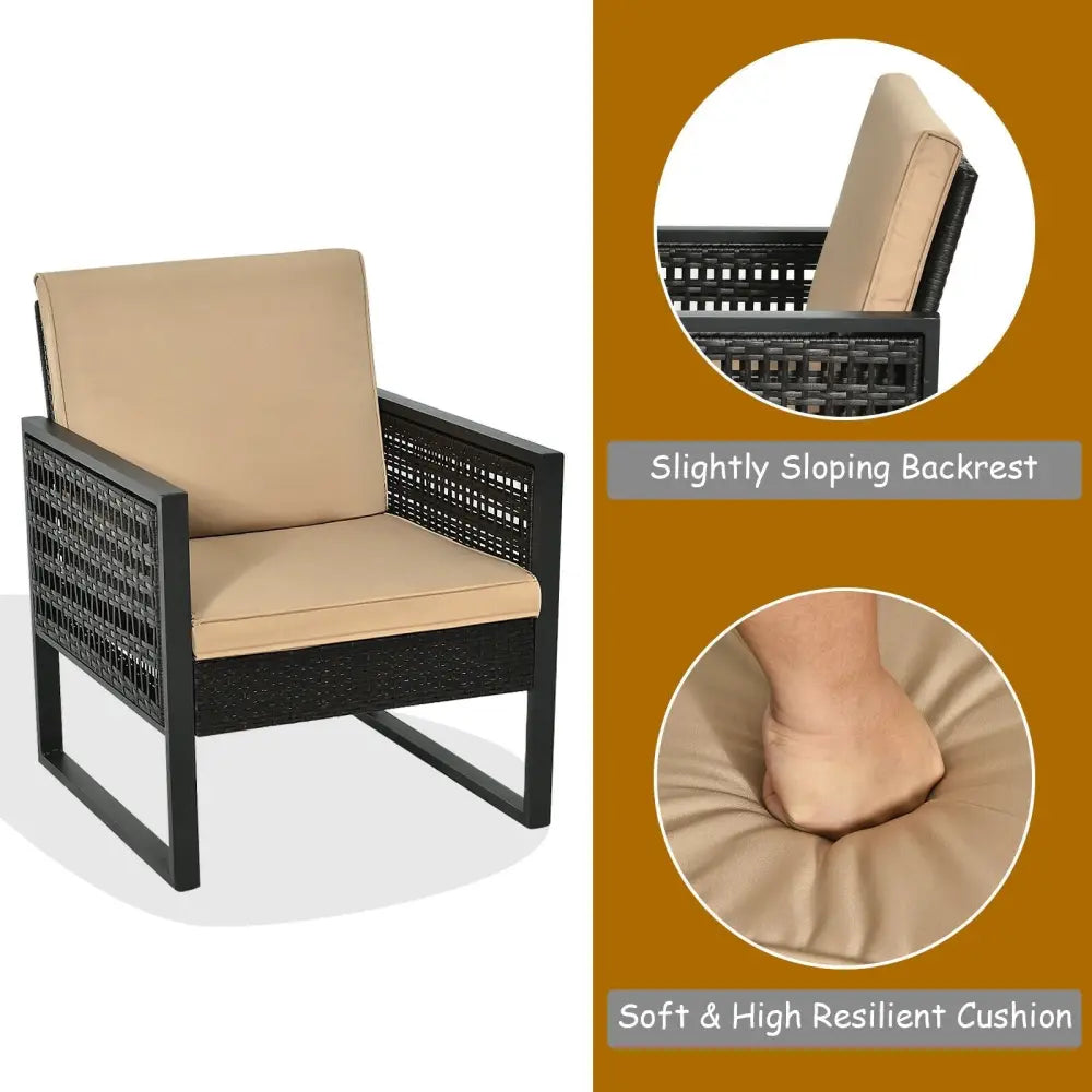 3 Pieces Patio Rattan Bistro Cushioned Furniture Set - Brown - Patio Conversation Sets