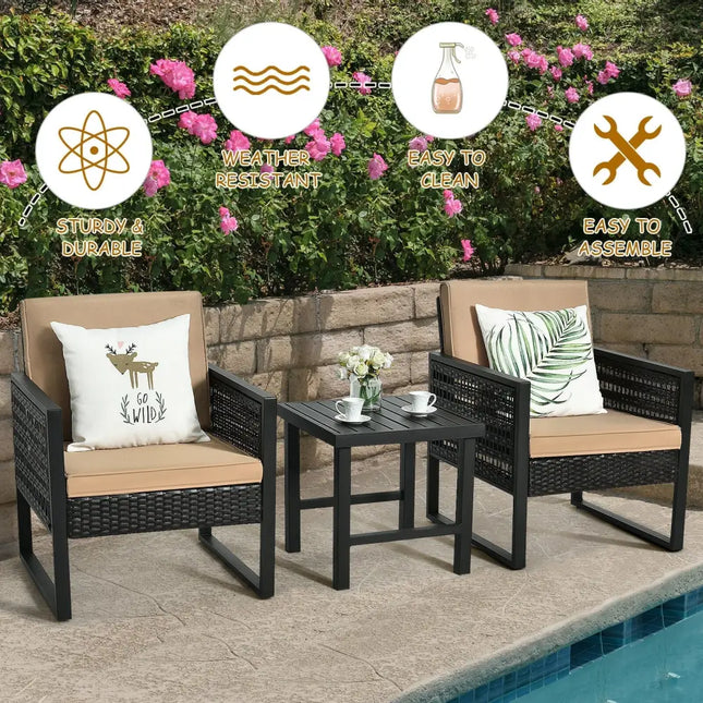 3 Pieces Patio Rattan Bistro Cushioned Furniture Set - Brown - Patio Conversation Sets