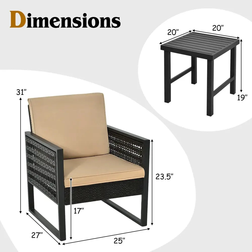 3 Pieces Patio Rattan Bistro Cushioned Furniture Set - Brown - Patio Conversation Sets