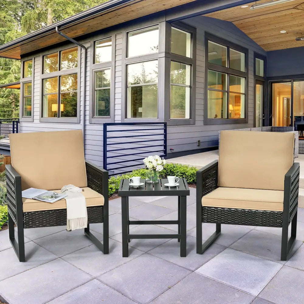 3 Pieces Patio Rattan Bistro Cushioned Furniture Set - Brown - Patio Conversation Sets