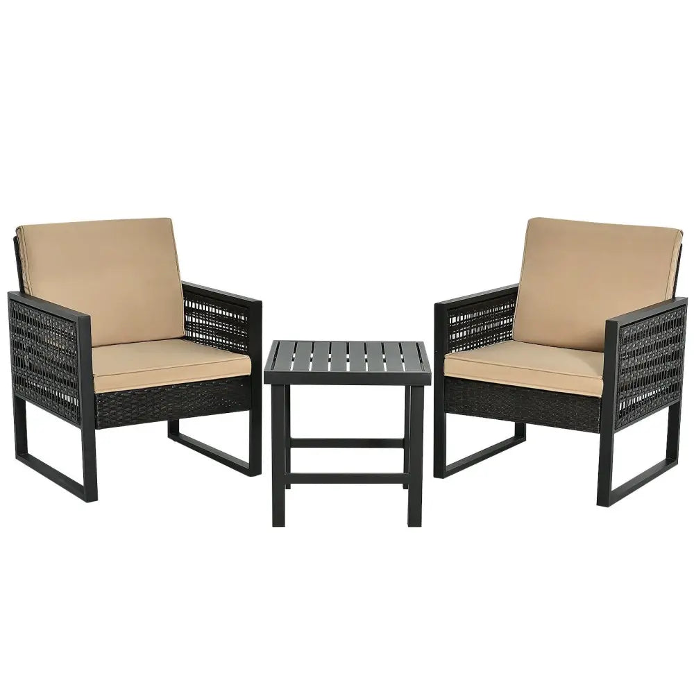 3 Pieces Patio Rattan Bistro Cushioned Furniture Set - Brown - Patio Conversation Sets