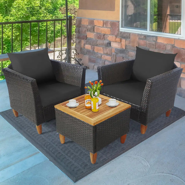3 Pieces Patio Rattan Bistro Furniture Set-Black - Black - Patio Conversation Sets