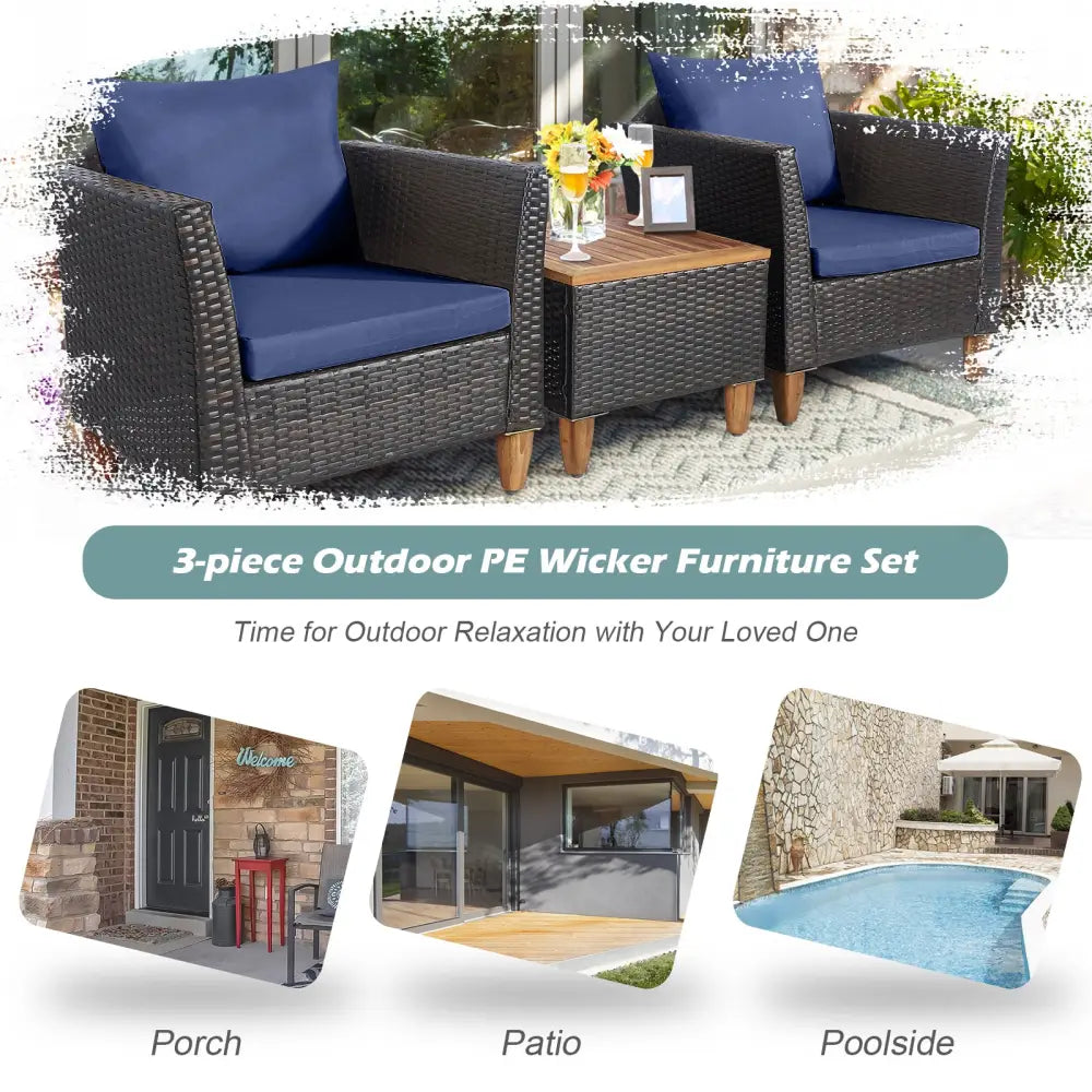 3 Pieces Patio Rattan Bistro Furniture Set-Navy - Navy - Patio Conversation Sets