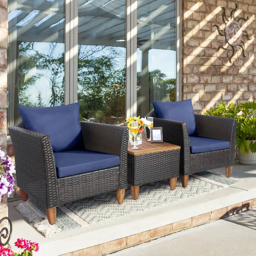 3 Pieces Patio Rattan Bistro Furniture Set-Navy - Navy - Patio Conversation Sets