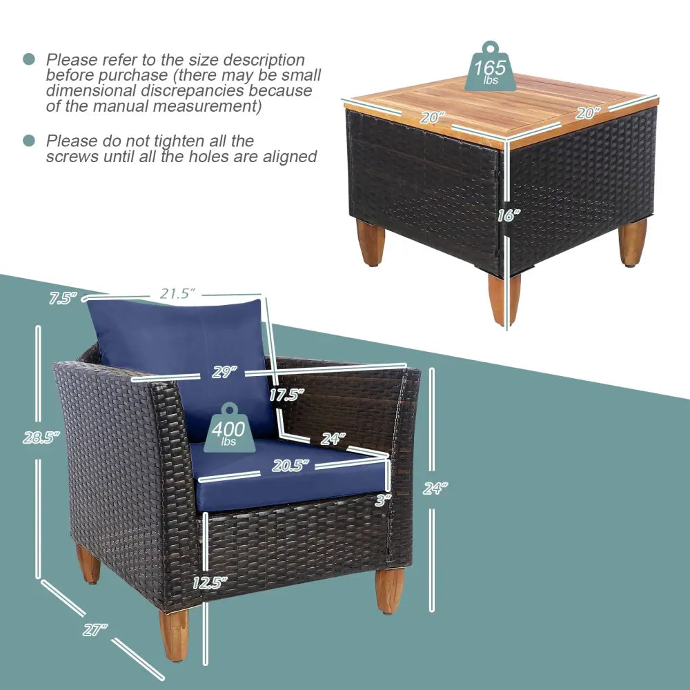 3 Pieces Patio Rattan Bistro Furniture Set-Navy - Navy - Patio Conversation Sets