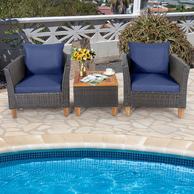 3 Pieces Patio Rattan Bistro Furniture Set-Navy - Navy - Patio Conversation Sets
