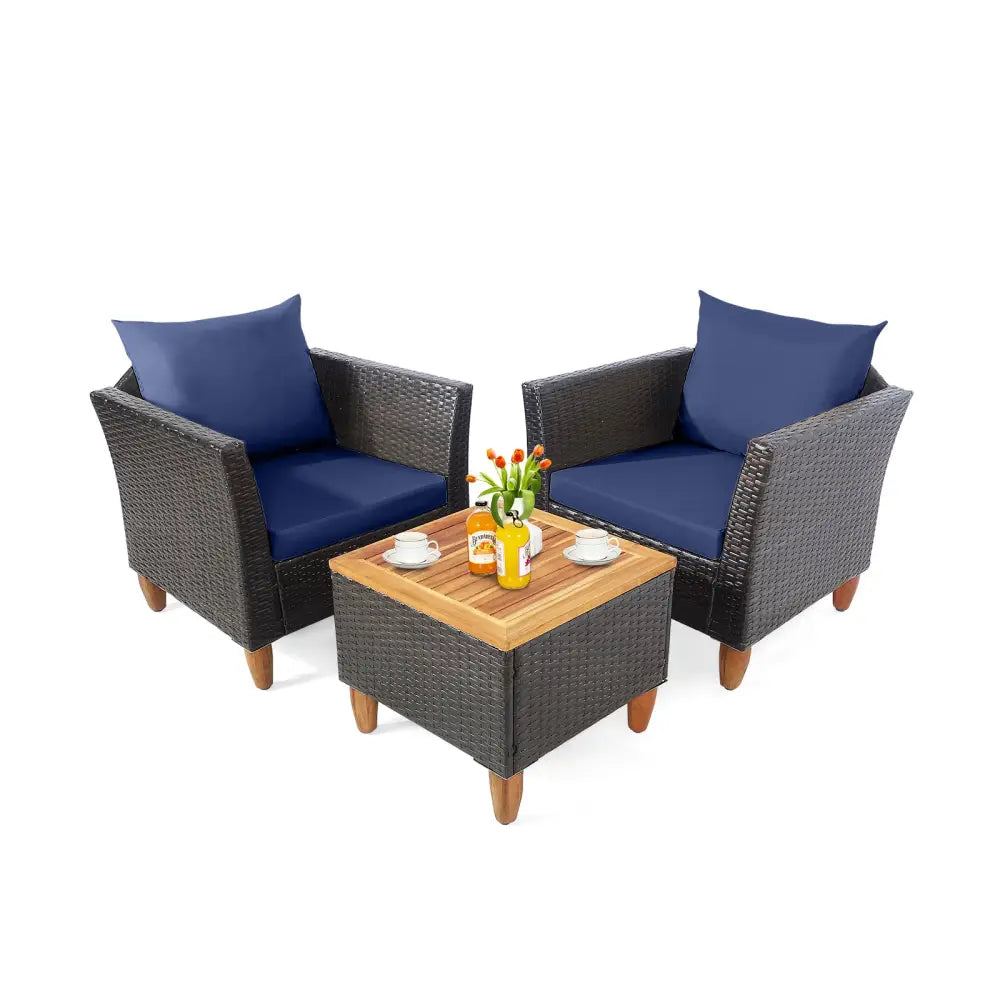 3 Pieces Patio Rattan Bistro Furniture Set-Navy - Navy - Patio Conversation Sets