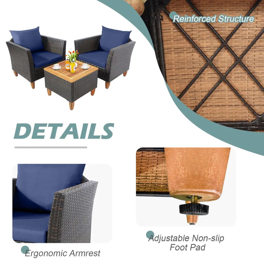 3 Pieces Patio Rattan Bistro Furniture Set-Navy - Navy - Patio Conversation Sets