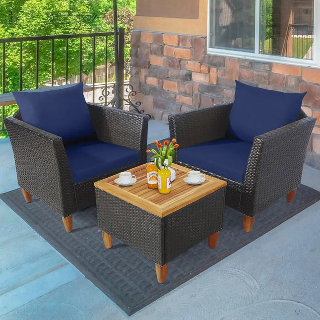 3 Pieces Patio Rattan Bistro Furniture Set-Navy - Navy - Patio Conversation Sets