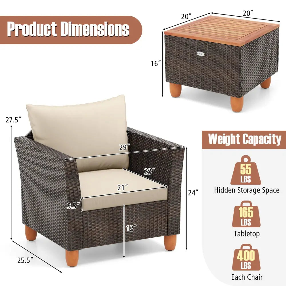 3 Pieces Patio Rattan Bistro Furniture Set with Wooden Table Top-Beige - Brown - Patio Conversation Sets
