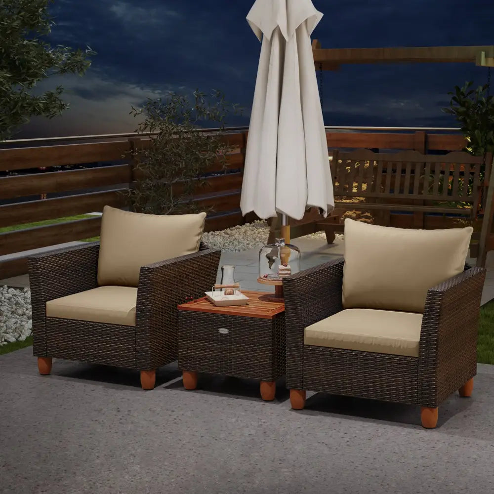 3 Pieces Patio Rattan Bistro Furniture Set with Wooden Table Top-Beige - Brown - Patio Conversation Sets