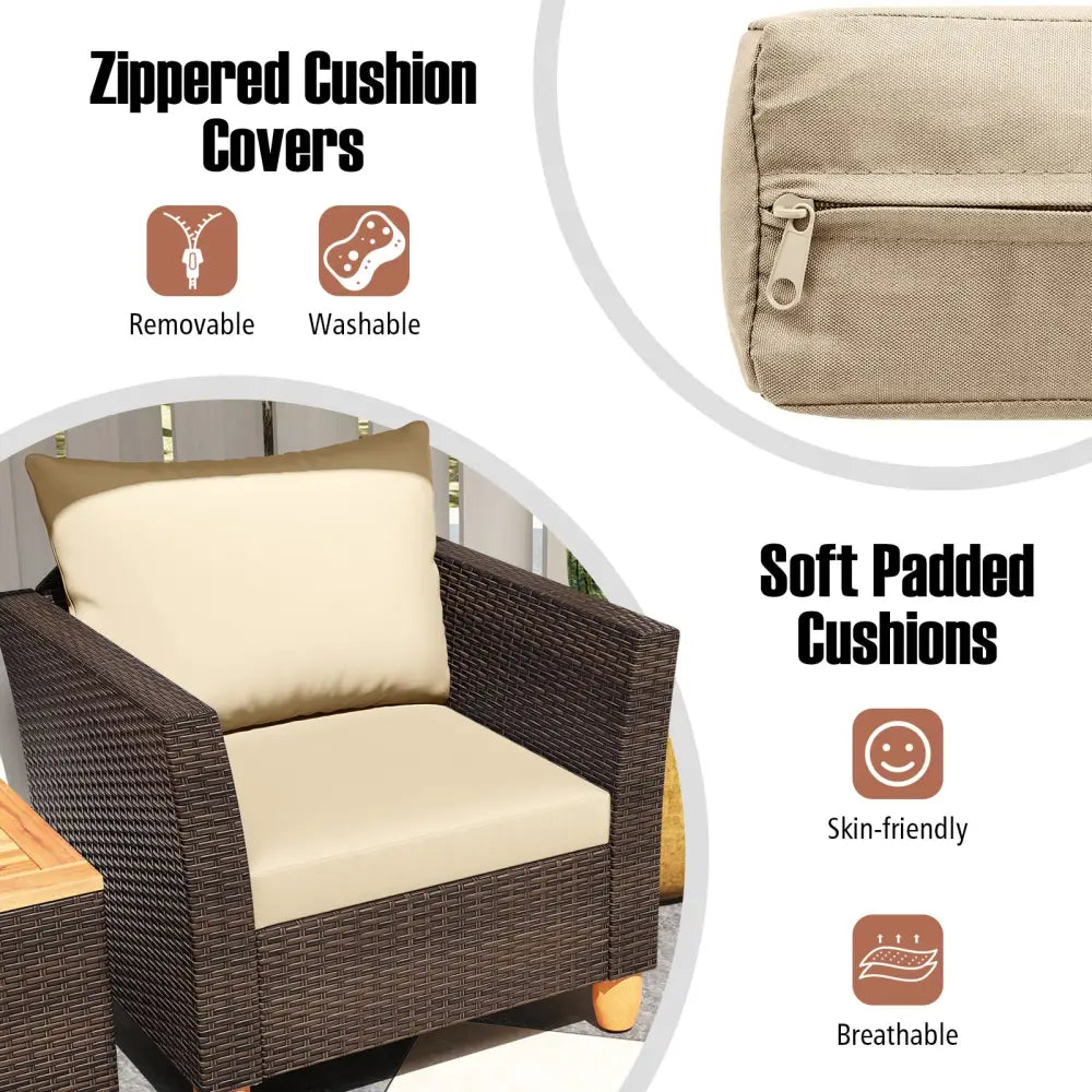 3 Pieces Patio Rattan Bistro Furniture Set with Wooden Table Top-Beige - Brown - Patio Conversation Sets