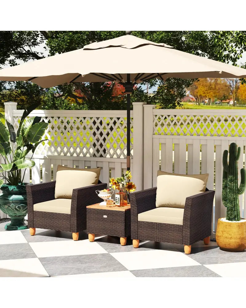 3 Pieces Patio Rattan Bistro Furniture Set with Wooden Table Top-Beige - Brown - Patio Conversation Sets