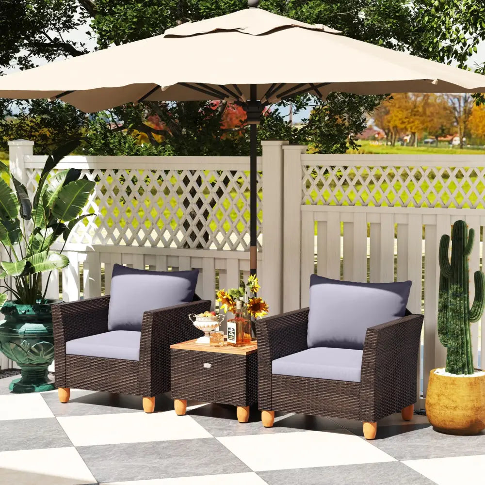 3 Pieces Patio Rattan Bistro Furniture Set with Wooden Table Top-Gray - Gray - Patio Conversation Sets