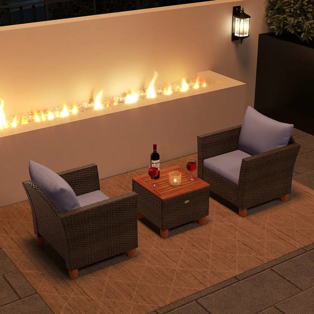3 Pieces Patio Rattan Bistro Furniture Set with Wooden Table Top-Gray - Gray - Patio Conversation Sets