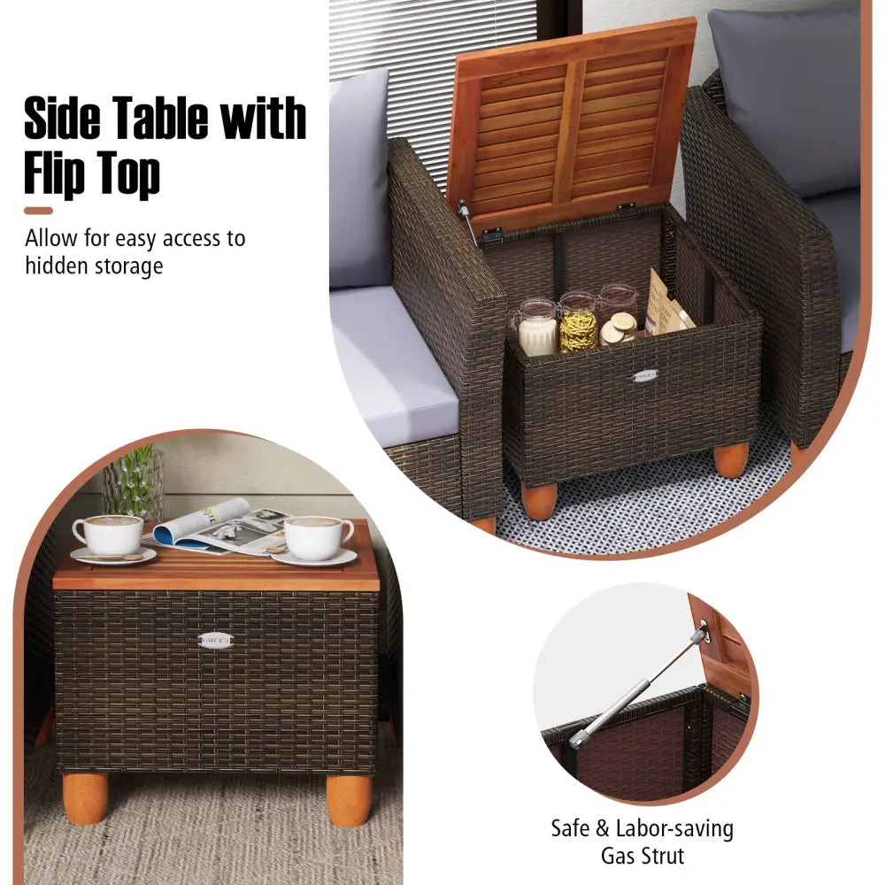 3 Pieces Patio Rattan Bistro Furniture Set with Wooden Table Top-Gray - Gray - Patio Conversation Sets