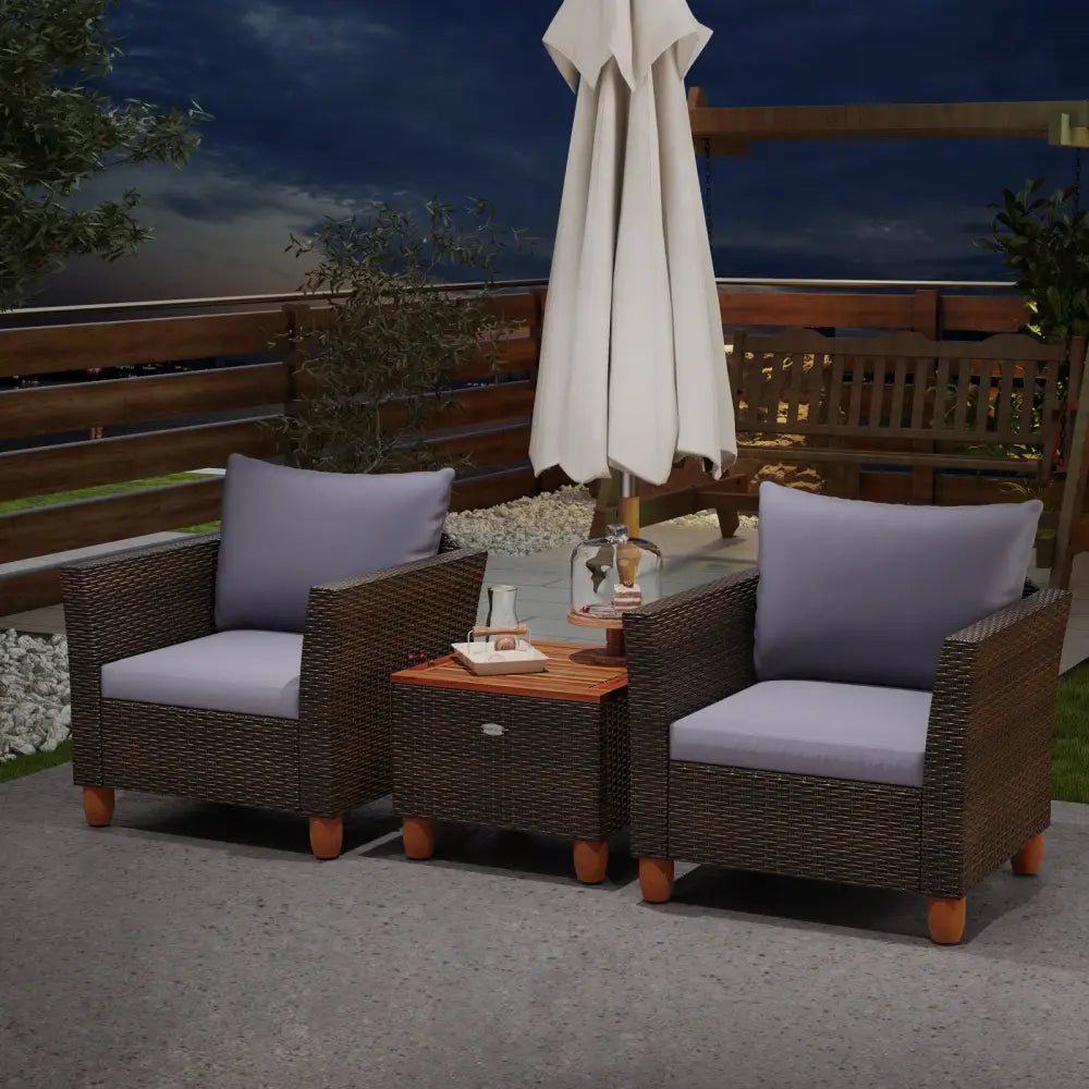 3 Pieces Patio Rattan Bistro Furniture Set with Wooden Table Top-Gray - Gray - Patio Conversation Sets